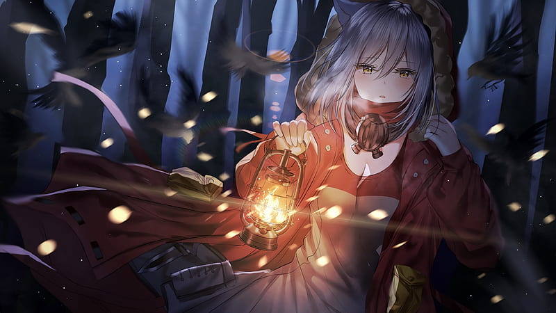 project, arknights, lantern, birds, worried expression, forest, Anime, HD wallpaper