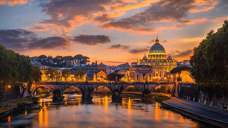 Sunset Over Rome, water, sunset, Rome, bridge, river, HD wallpaper
