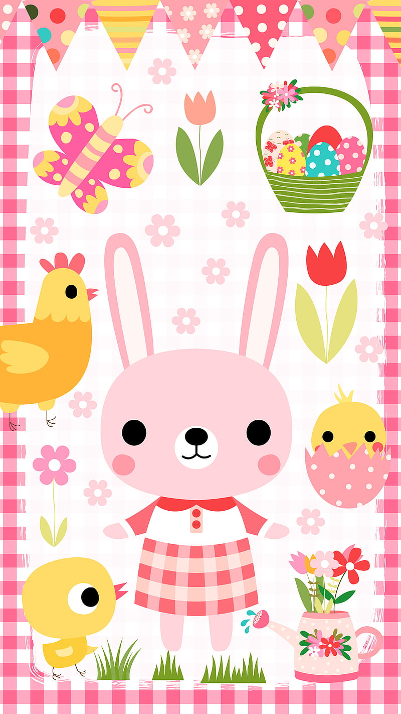 Pink Easter Bunny, Koteto, animal, baby, background, basket, butterfly, cartoon, character, chick, chicken, child, color, creative, cute, drawing, ears, egg, eyes, flat, floral, flower, fun, grass, green, happy, hen, illustration, kawaii, kids, rabbit, spring, tulip, watering can, HD phone wallpaper