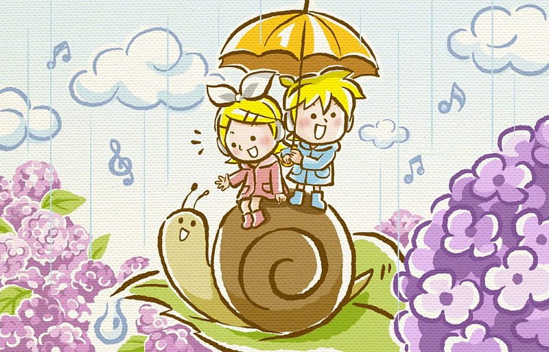 It's Raining Music!!, vocaloid, snail, umbrella, clouds, lilacs, rin and len kagamine, cute, anime, flowers, musical notes, HD wallpaper