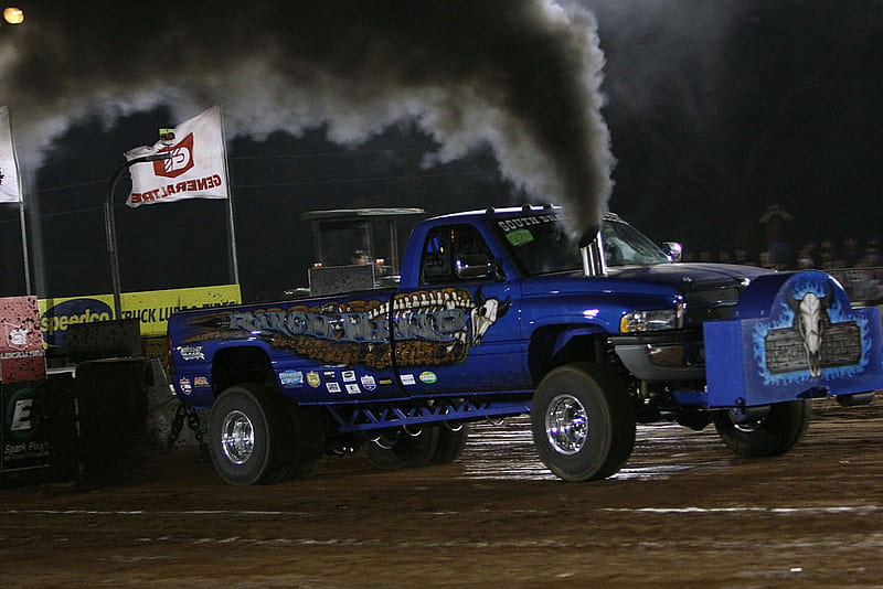 Dodge Tractor Pull, Sled, Smoke, Blue, Truck, HD wallpaper