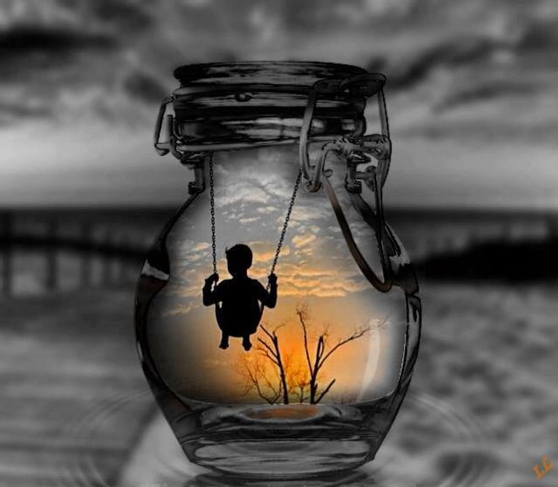 At the dawn of a new day, black and yellow, jar, child, sunset, dream, two colors, HD wallpaper