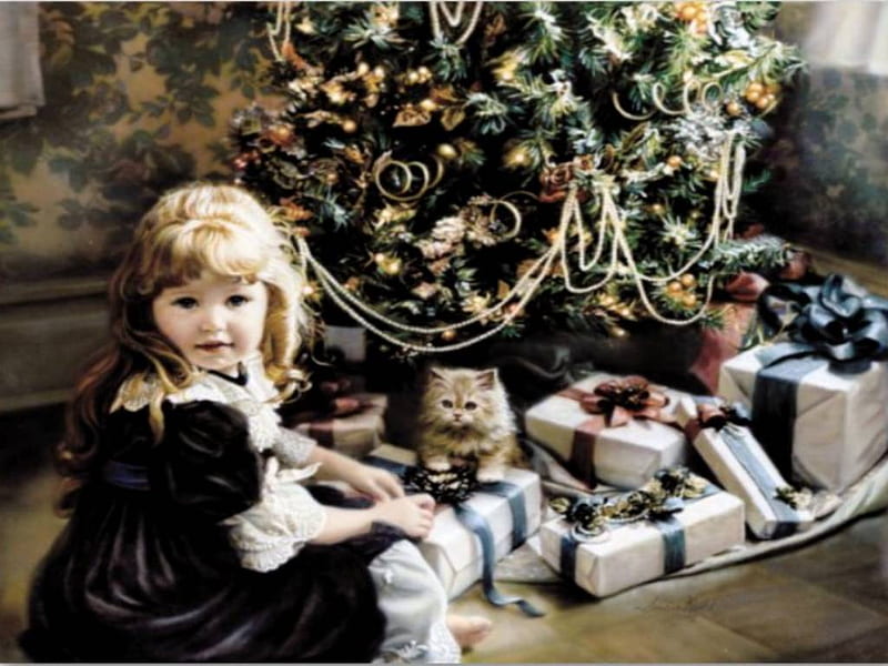 CHRISTMAS DAY, tree, female, christmas, presents, child, HD wallpaper
