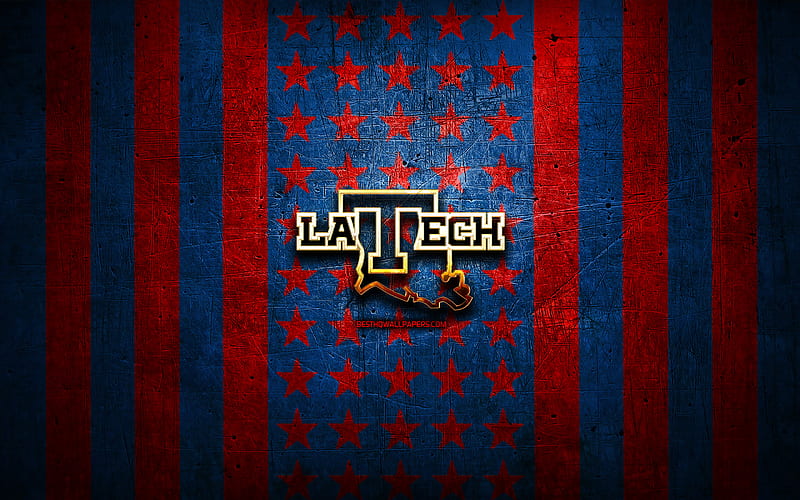 Louisiana Tech Bulldogs flag, NCAA, red blue metal background, american football team, Louisiana Tech Bulldogs logo, USA, american football, golden logo, Louisiana Tech Bulldogs, HD wallpaper