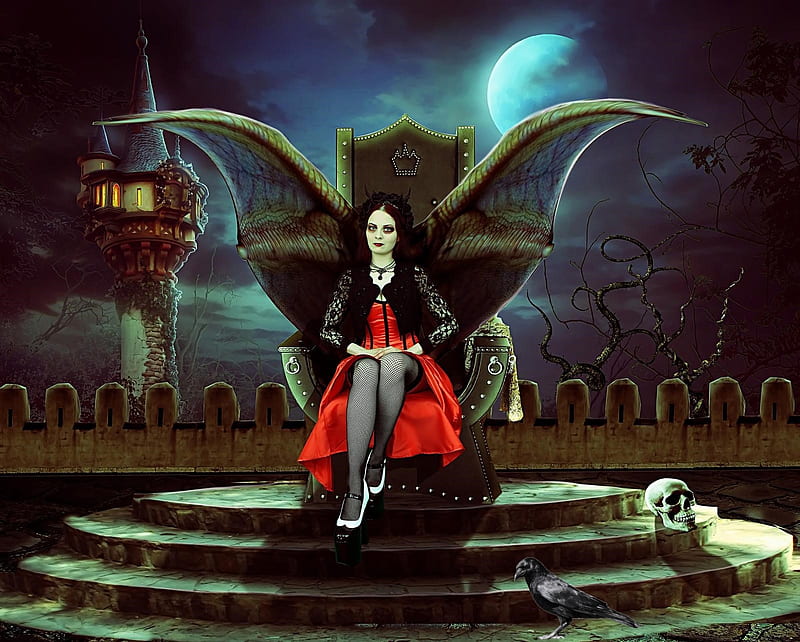 Vampirella, wings, crow, skull, woman, HD wallpaper