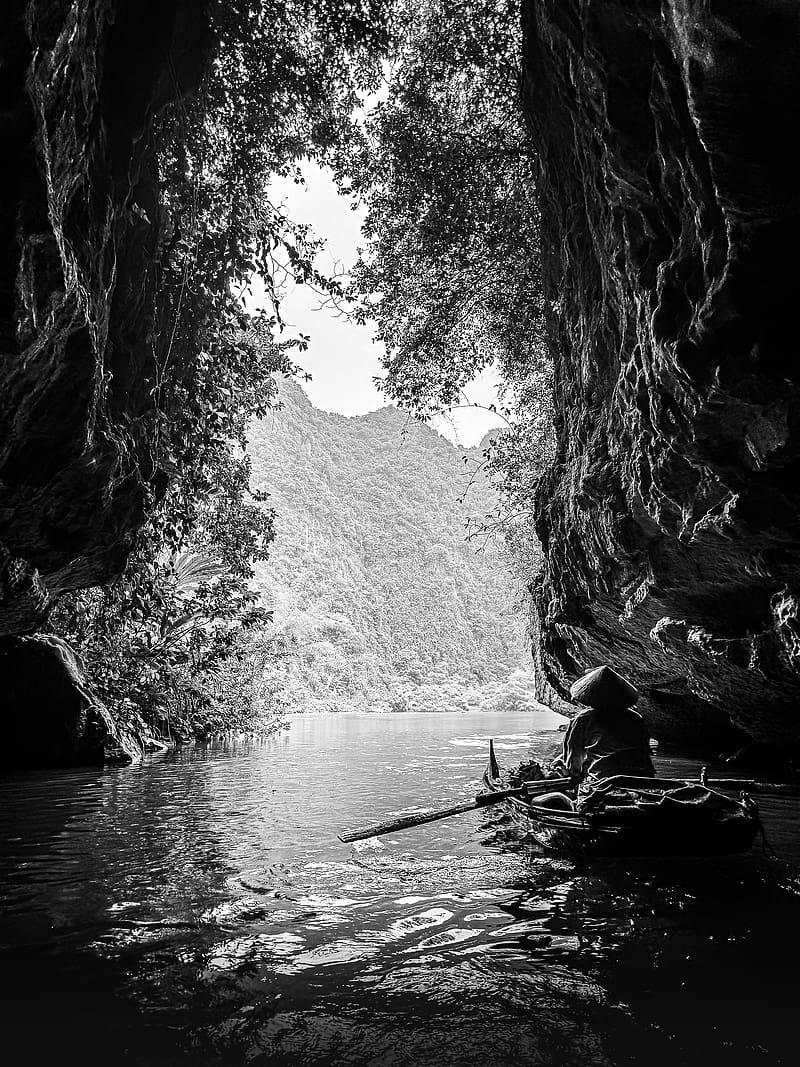 mountains, cave, river, boat, silhouettes, black and white, HD phone wallpaper