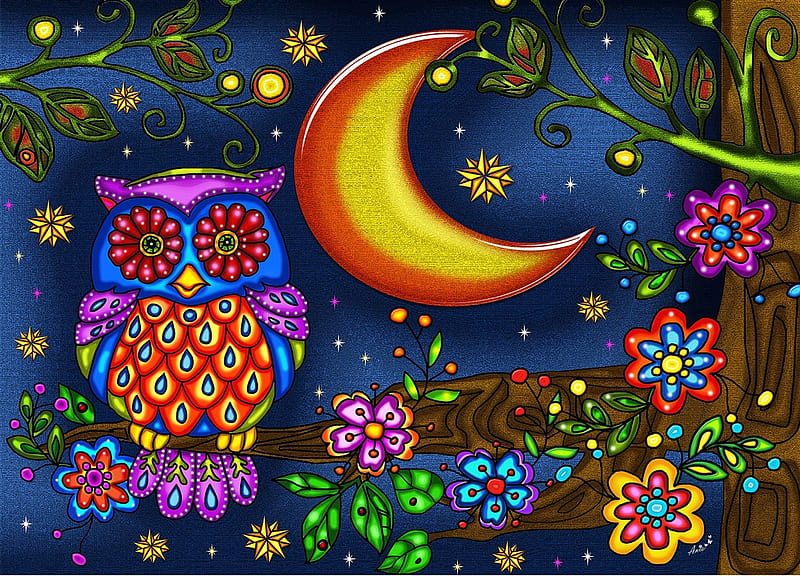 Owls night out, stars, moon, art, abstract, owl, HD wallpaper | Peakpx