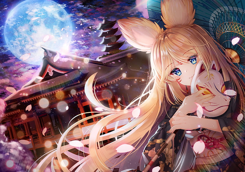 anime girl, blonde, moonlight, bunny ears, mask, blue eyes, sakura petals, Anime, HD wallpaper