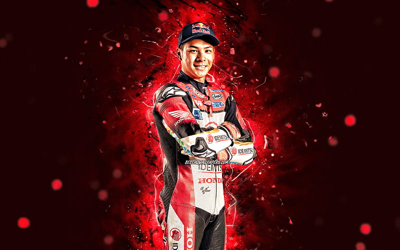 Takaaki Nakagami red neon lights, LCR Honda Idemitsu, japanese motorcycle racer, MotoGP, MotoGP World Championship, LCR Honda Idemitsu, HD wallpaper