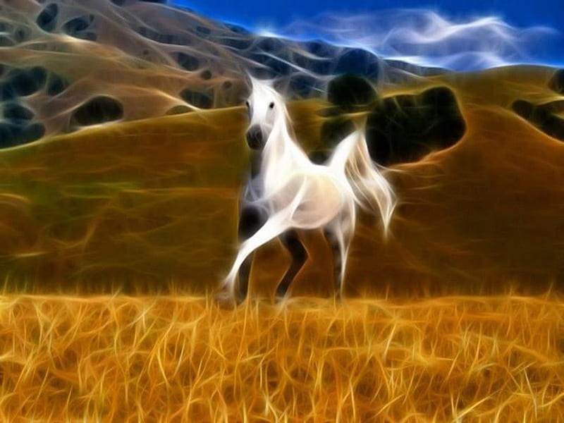 Neon White Horse, mountain, runs, neon, blue sky, white, horse, hill, field, HD wallpaper
