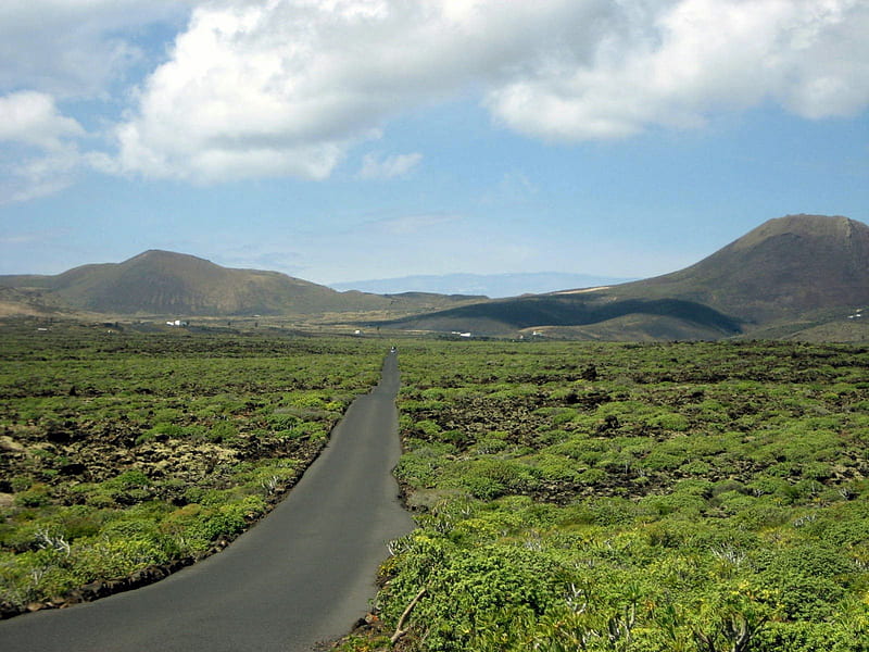 Lanzarote, vulcano, lava, sky, clouds, mountain, green, mountains, nature, fields, island, road, field, blue, HD wallpaper