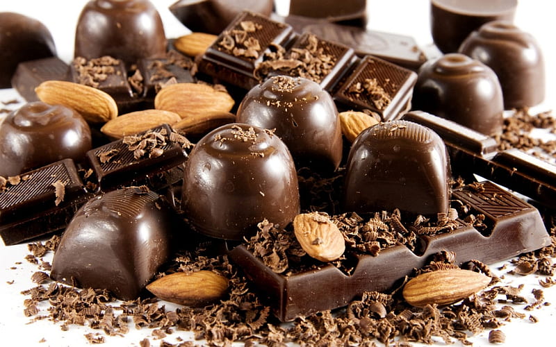 Chocolate, dark chocolate, candy, brown, Nuts, black, almonds, sweet, dark, HD wallpaper