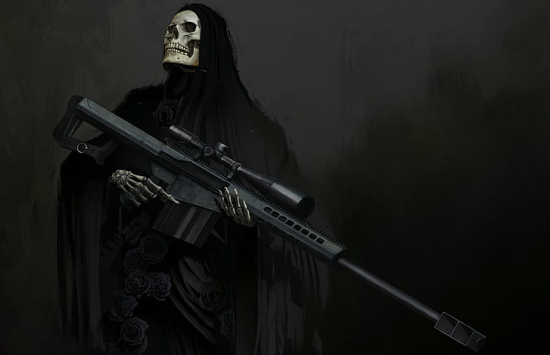 sniper grim reaper, skull, black roses, looking away, Fantasy, HD wallpaper