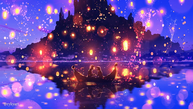 Tangled, rapunzel, luminos, orange, lantern, ryky, sky, silhouette, lake, w...