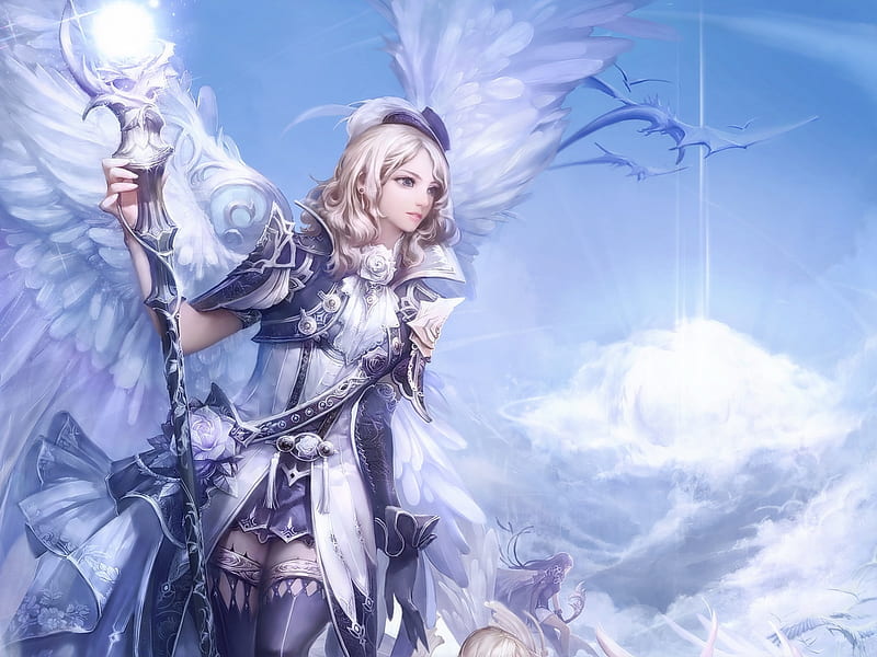 Angel, staff, pretty, video game, heaven anime girl, thigh highs, feather wings, hot, beauty, female, wings, cloud, smile, sexy, happy, aion tower of eternity, alone, cool, princess, HD wallpaper