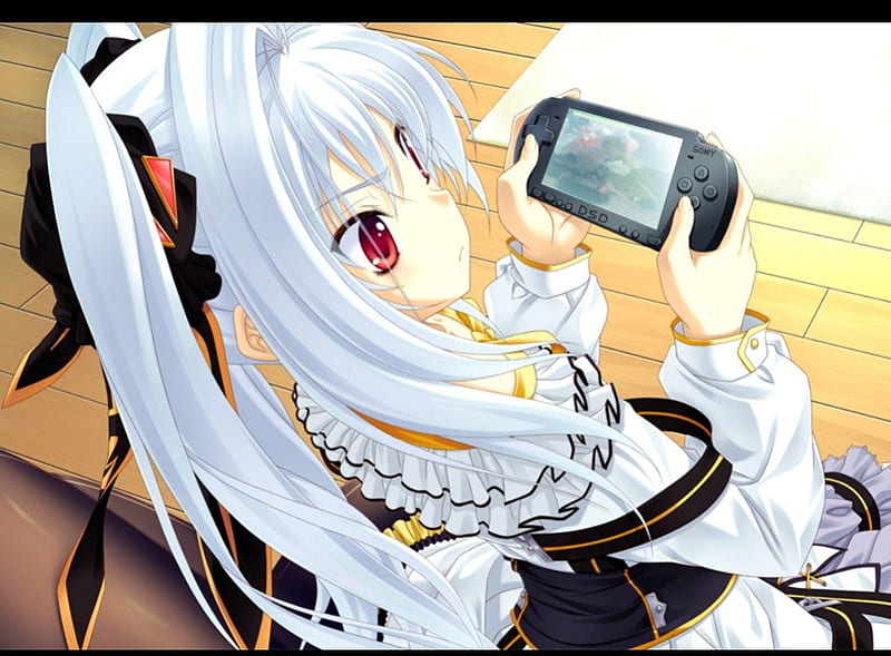 Playing PSP, games, dress, white hair, play, anime, platstation, hot, anime  girl, HD wallpaper | Peakpx