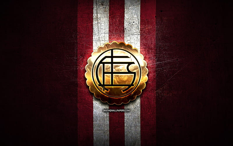 Lanus FC, golden logo, Argentine Primera Division, red metal background, football, CA Lanus, argentinian football club, Lanus logo, soccer, Argentina, Club Atletico Lanus, HD wallpaper