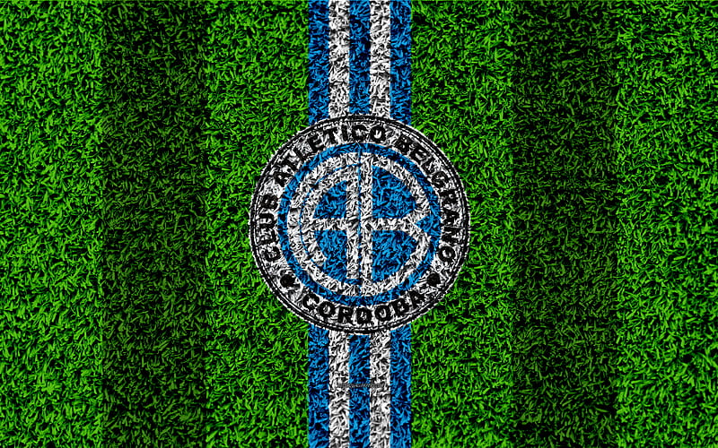Club Atletico Belgrano football lawn, logo, Argentinian football club, grass texture, blue white lines, Superliga, Cordoba, Argentina, football, Argentine Primera Division, Superleague, Belgrano FC, HD wallpaper