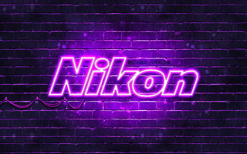 Nikon violet logo violet brickwall, Nikon logo, brands, Nikon neon logo, Nikon, HD wallpaper