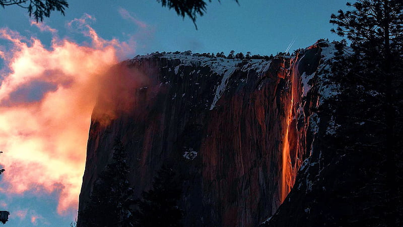 Firefall in Yosemite National Park, mountain, usa, california, waterfall, colors, sky, clouds, valley, HD wallpaper