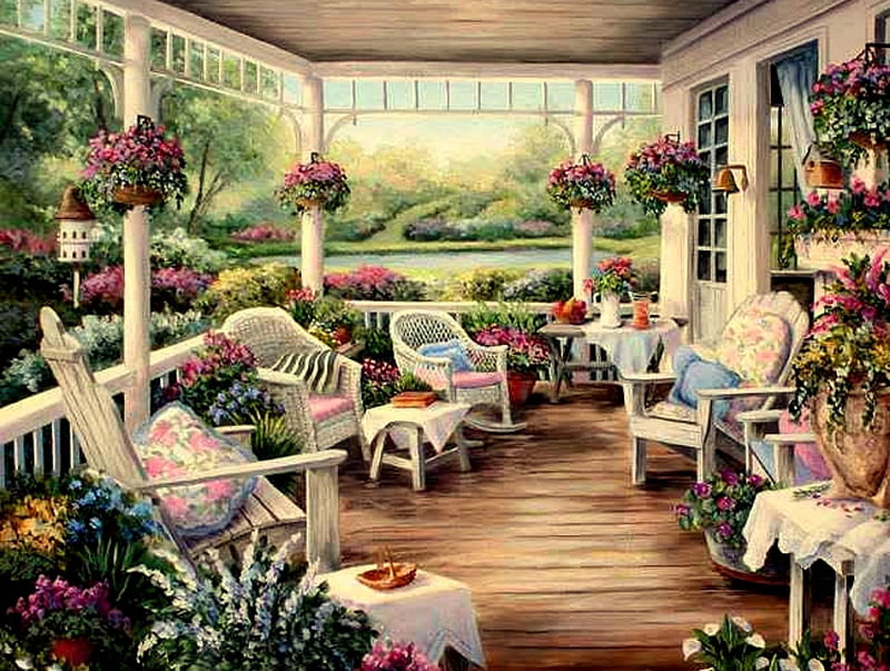 The Veranda, hanging plants, veranda, porch, plants, chairs, flowers, HD wallpaper