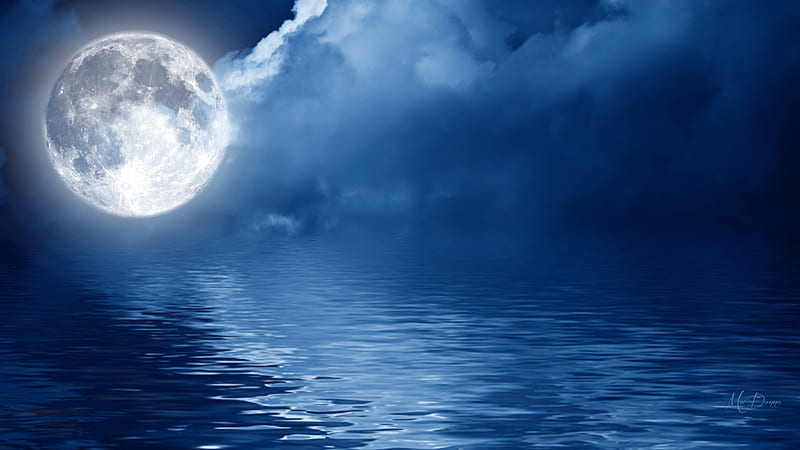 Another Full Moon, full moon, ocean, clouds, sky, lake, sea, Fireafox Persona theme, blue, HD wallpaper