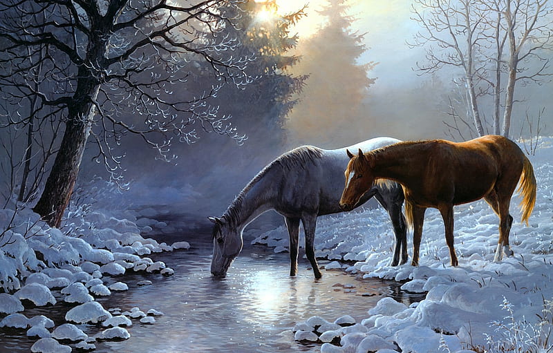Horses in winter by Persis Clayton Weirs, winter, iarna, forest, art, weirs, horse, persis clayton, cal, water, source, painting, river, pictura, HD wallpaper