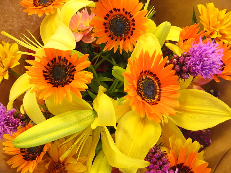 Sunflowers and Lilies, arrangement, lilies, flowers, sunflowers, HD ...