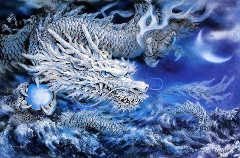 Crystal Dragon, moons, draw and paint, lovely, colors, love four seasons, bonito, dragon, paintings, cool, chinese mythology, crystal, animals, blue, HD wallpaper