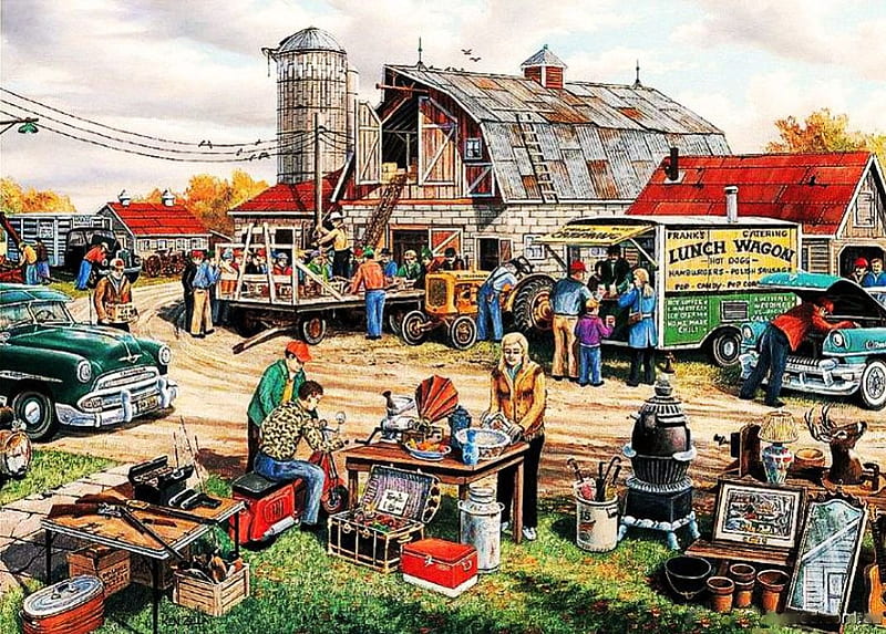 Country Auction, houses, car, place, artwork, barn, People, HD wallpaper