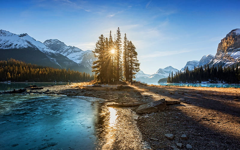 Maligne Lake, sunset, mountain river, Canada, beautiful nature, mountains, Northern America, canadian nature, Jasper National Park, HD wallpaper