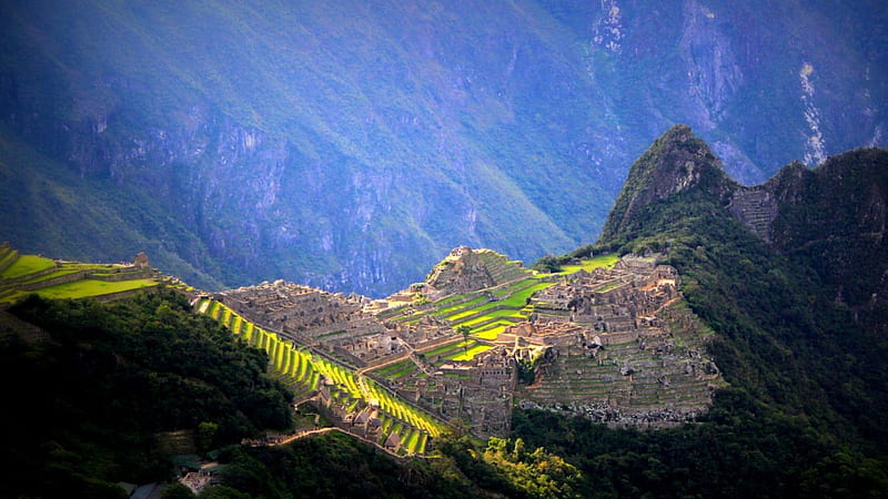 awesome machu picchu in peru, ancient, cliffs, grass, mountains, ruins, HD wallpaper