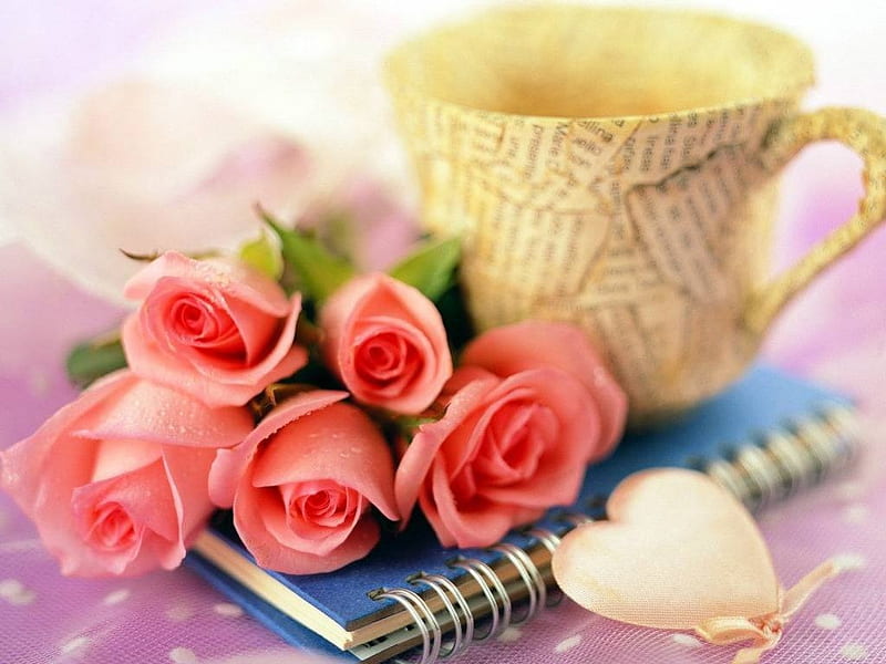 Tea and Roses, notebook, tea cup, pink roses, heart, HD wallpaper