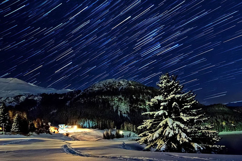 Davos, Switzerland, stars, amazing, bonito, Switzerland, trees, sky, lights, winter, mountain, snow, slope, village, evening, landscape, night, HD wallpaper