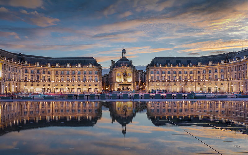 Place de la Bourse, Bordeaux, Miroir deau, evening, sunset, landmark, Bordeaux cityscape, France, HD wallpaper