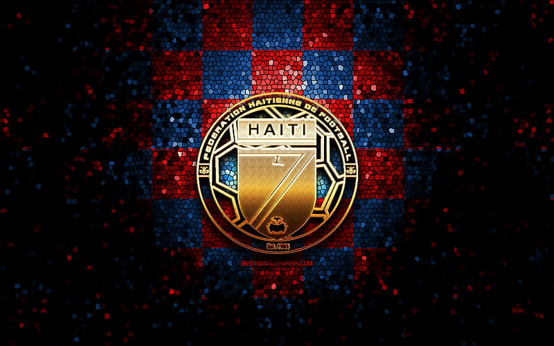 Haitian football team, glitter logo, CONCACAF, North America, red blue checkered background, mosaic art, soccer, Haiti National Football Team, FHF logo, football, Haiti, HD wallpaper
