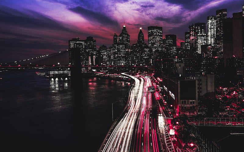 Manhattan, traffic lights, road, nightscape, New York, USA, America, NYC, HD wallpaper