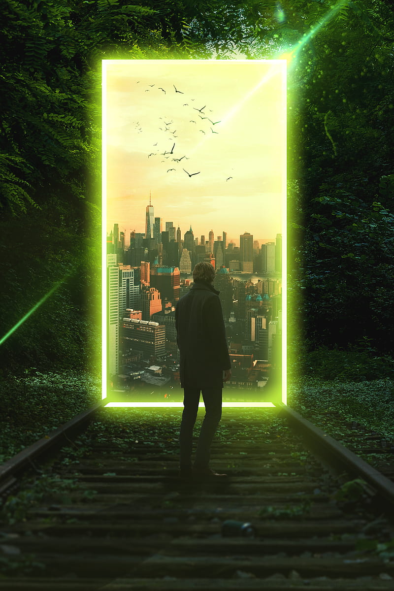 people, forest, city, Portal , imagination, HD phone wallpaper