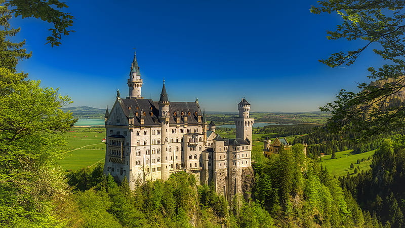 Germany Neuschwanstein Bavaria Castle With Blue Sky Background Travel, HD wallpaper