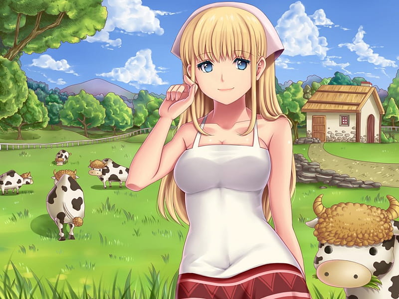 Farm Girl, farm, cute, house, original, cow, girl, blonde, happy, HD wallpaper