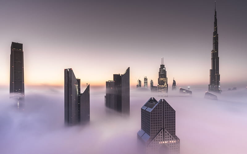 United Arab Emirates, architecture, clouds, mist, skyscrapers, HD wallpaper