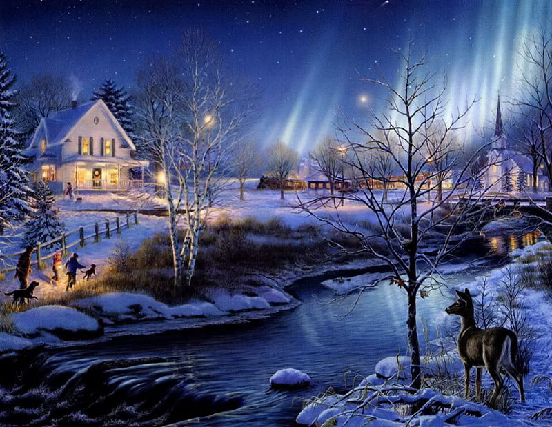 Winter night, pretty, house, riverbank, cottage, dusk, bonito, clouds, cold, nice, village, river, evening, reflection, frost, night, lovely, holiday, christmas, new year, sky, horse, winter, noel, holy, serenity, snow, deep, peaceful, nature, frozen, HD wallpaper