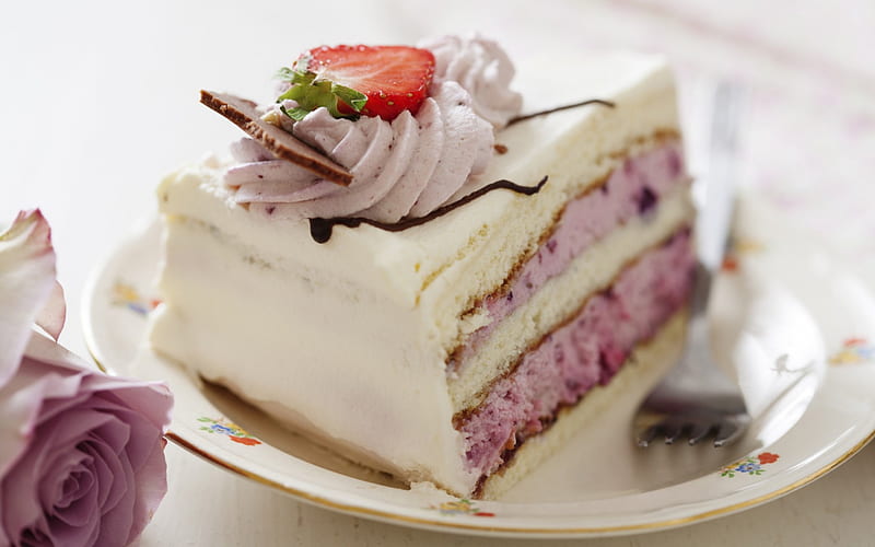 Cake, strawberry, food, sweet, dessert, fruit, slice, white, pink, cream, HD wallpaper