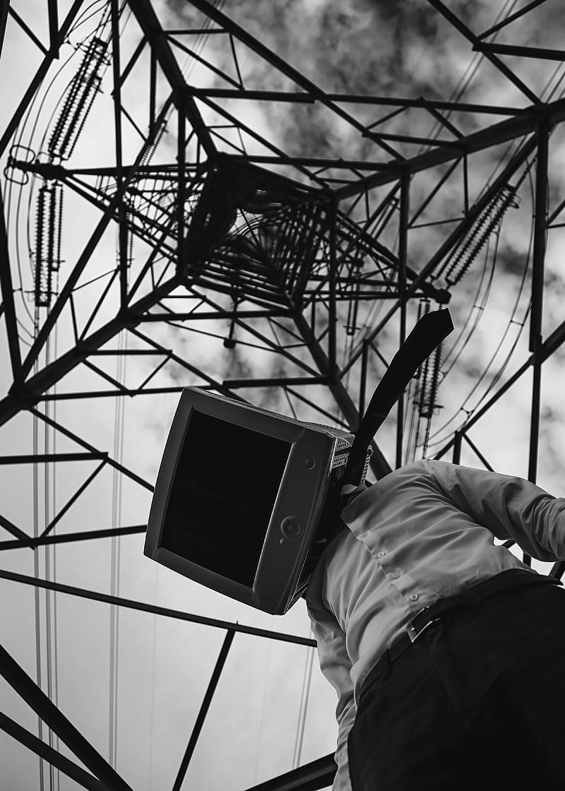 man, screen, bw, power line, cable, HD phone wallpaper