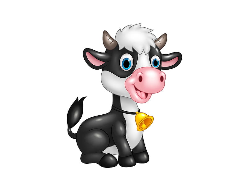 Cow, black, bell, cartoon, card, child, funny, white, pink, HD wallpaper