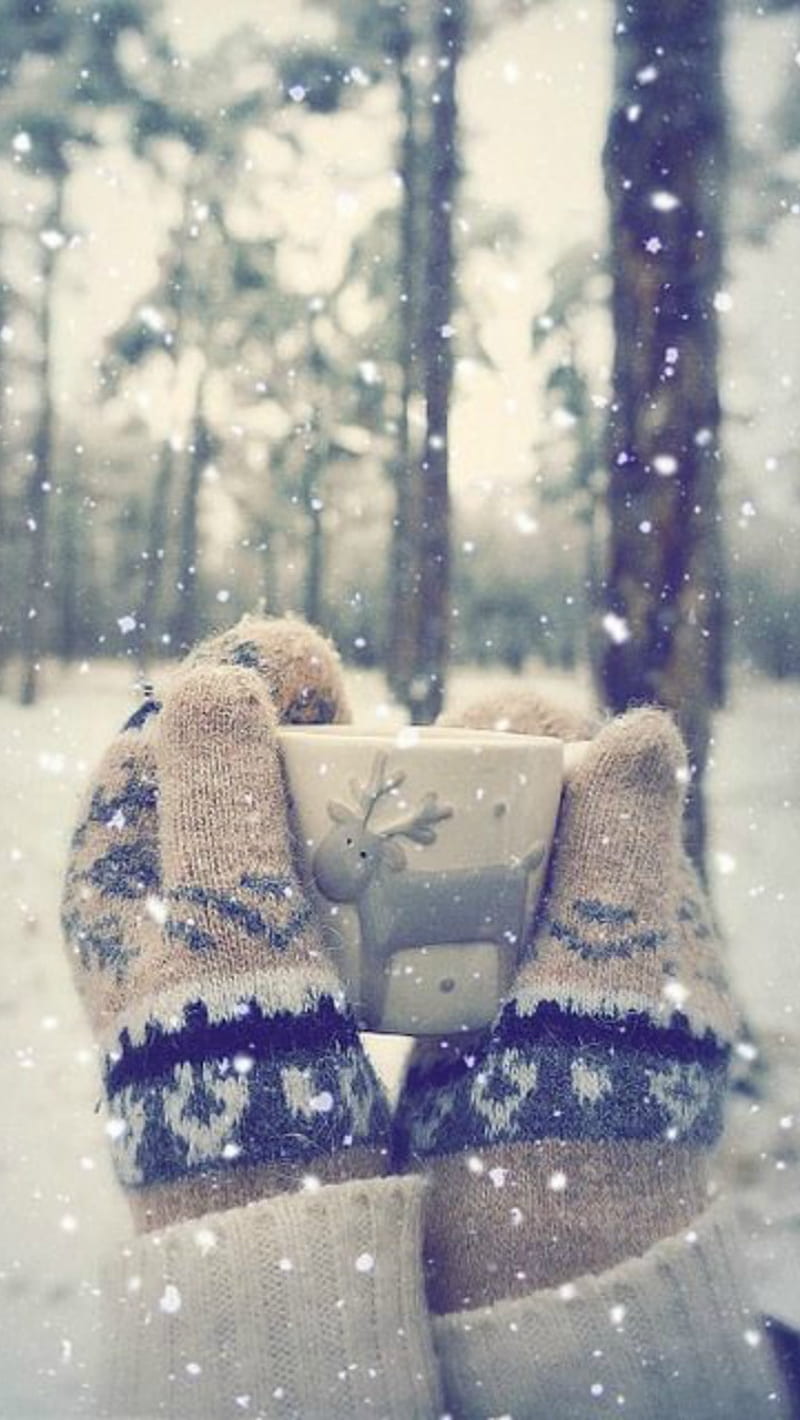 Gloves, cup, snow, HD phone wallpaper