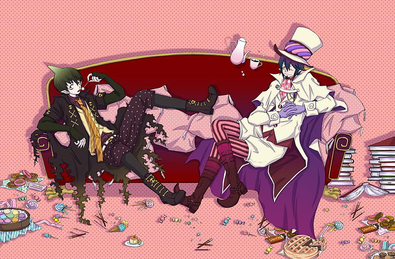 Mephisto's sweet party, ao no exorcist, mephisto, tea, pink, amamion, sweet, HD wallpaper