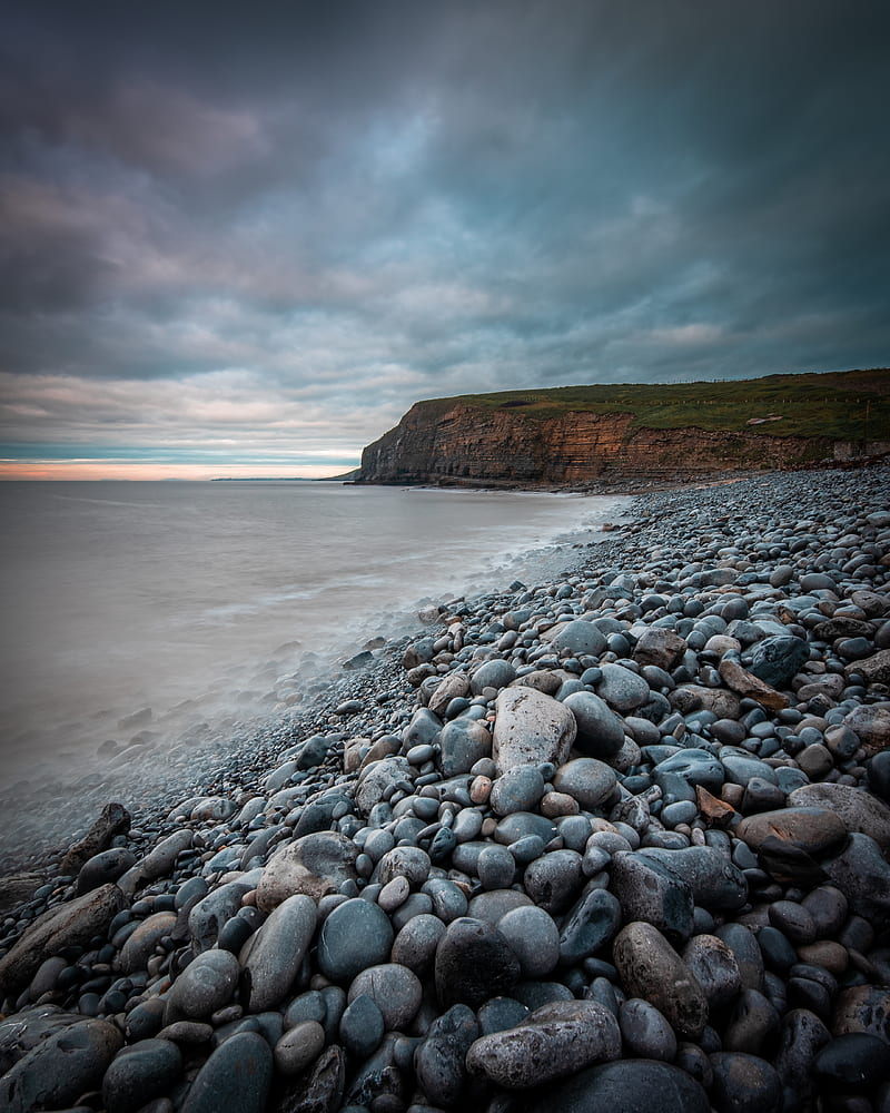 sea, beach, cliff, pebble, landscape, HD phone wallpaper