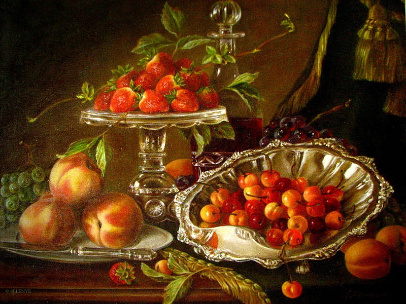 Summer Bounty, table, cherries, drape, gold tassel, fruit, grapes, still life, peaches, painting, strawberries, silver platter, crystal compote, decanter, HD wallpaper