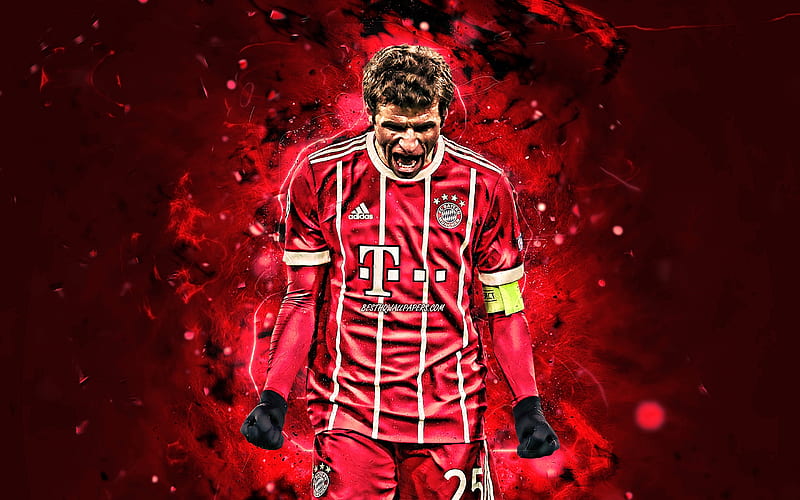 Thomas Muller, goal, Bayern Munich FC, close-up, german footballers, soccer, Muller, Bundesliga, Germany, neon lights, HD wallpaper